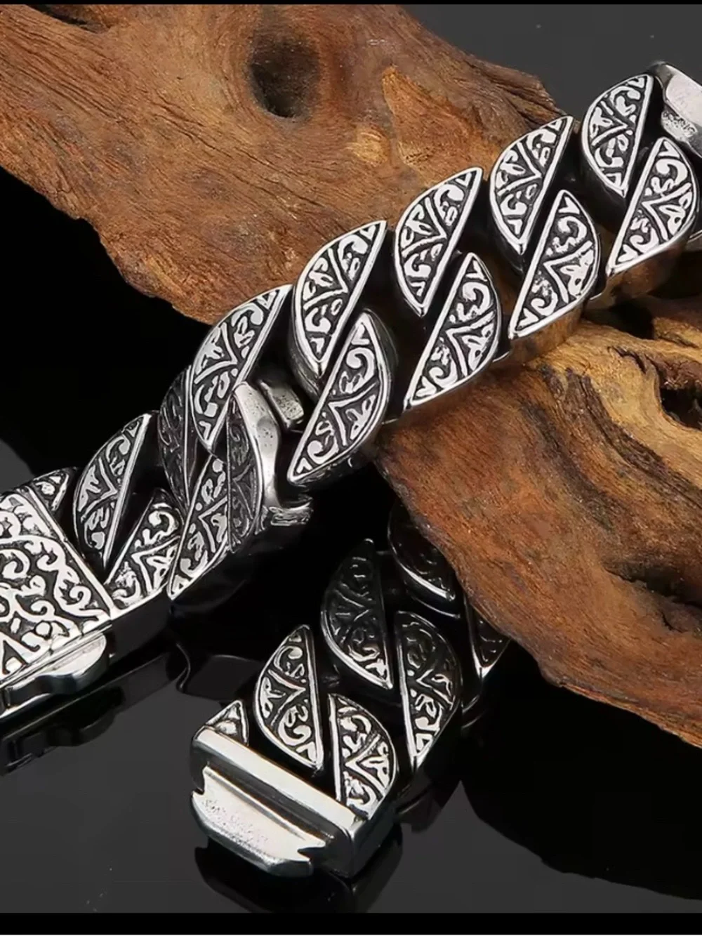 Men's Silver-Tone Engraved Chain Bracelet